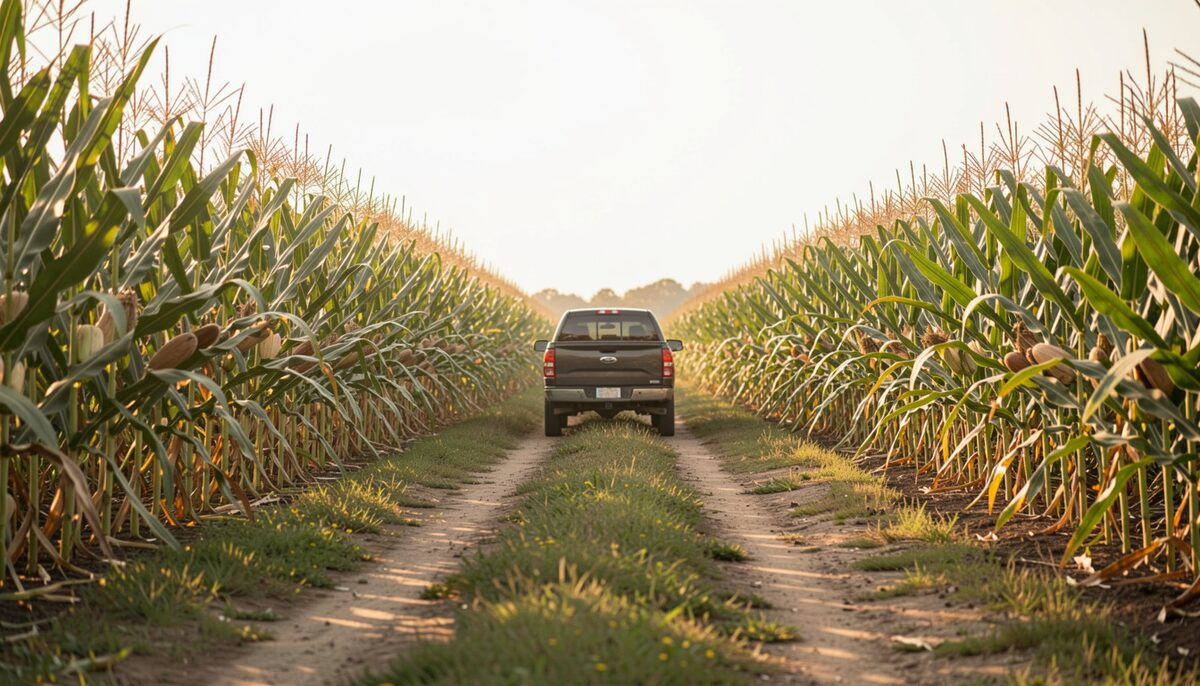 A Canadian farm lane winding between tall corn rows, the grain that feeds labels.