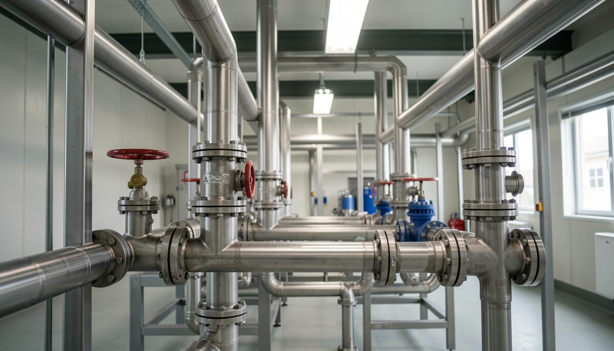 Stainless steel lines in a food processing plant. Wet milling is the step that splits a corn kernel into starch, syrup and oil.