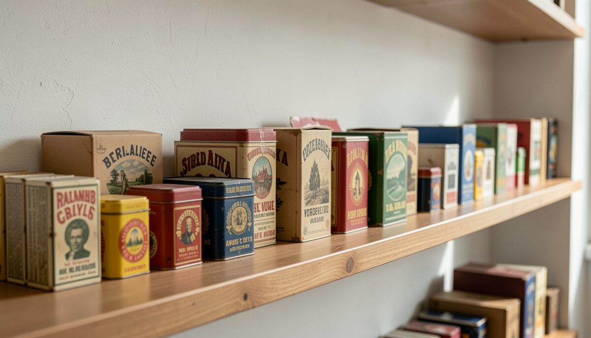 Vintage tins and paperboard boxes on a museum shelf, faces turned away. Packaging like this carried corn into the modern pantry.
