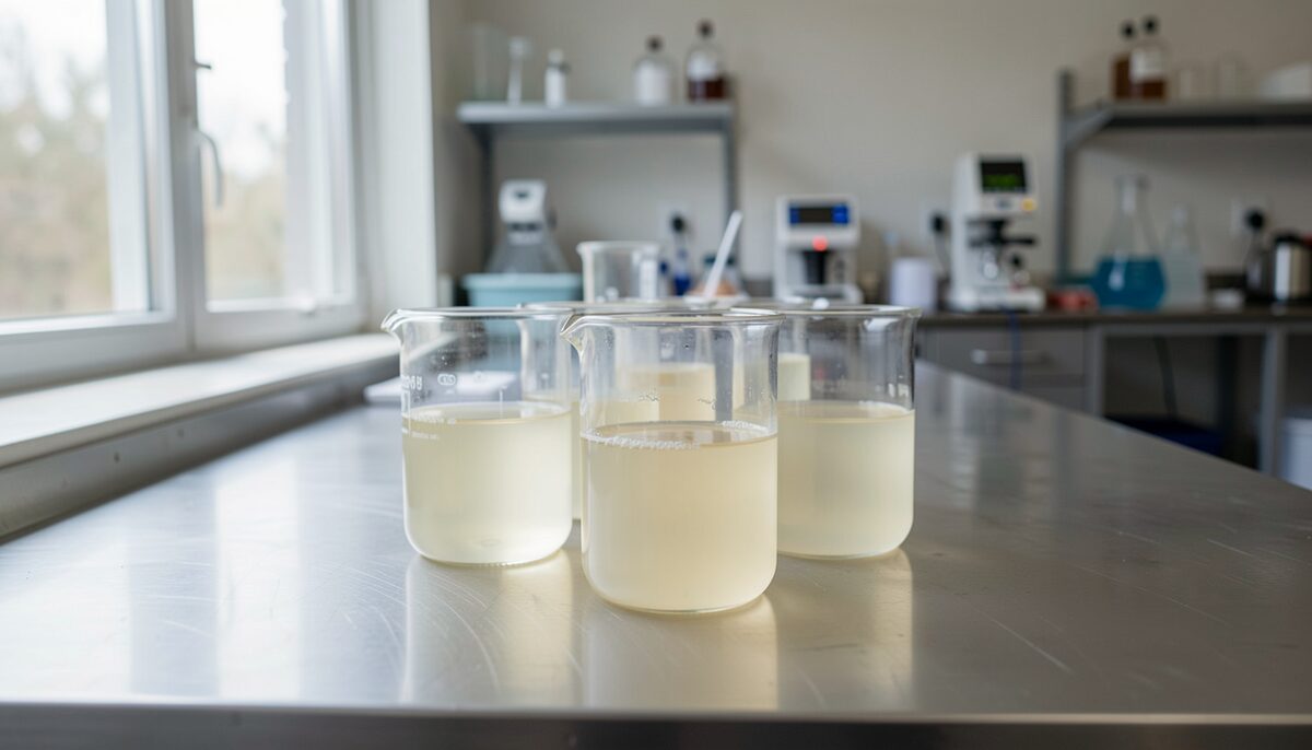 Beakers of pale syrup on a lab bench. Glucose, fructose and dextrose can all be split out of the same corn starch.