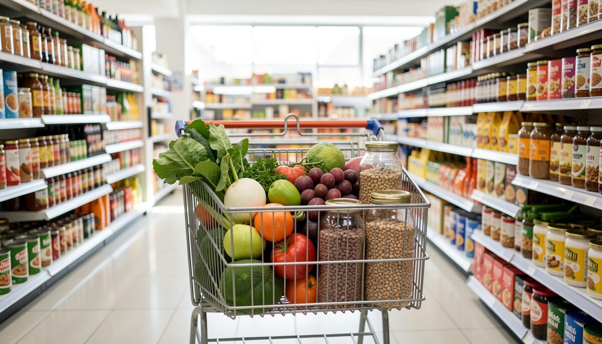 A cart of produce, beans and jars shows where corn-free shopping starts.