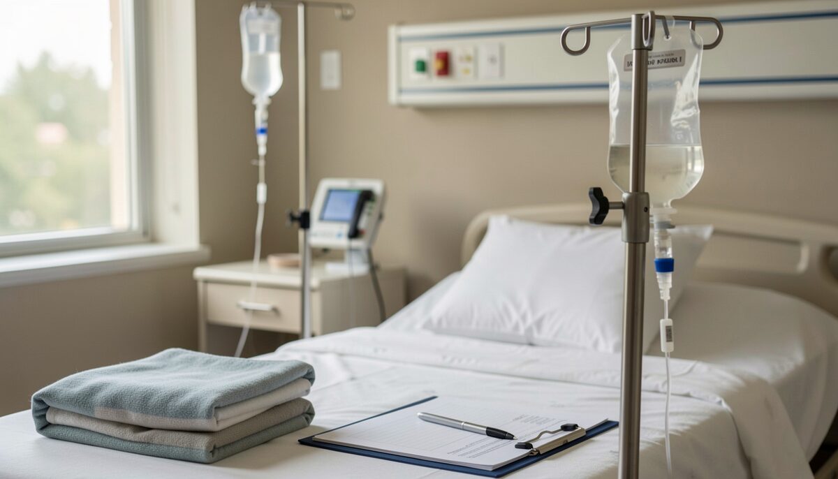 An intravenous bag hanging at a hospital bedside. Dextrose solutions are standard care, which is exactly why the question needs asking.