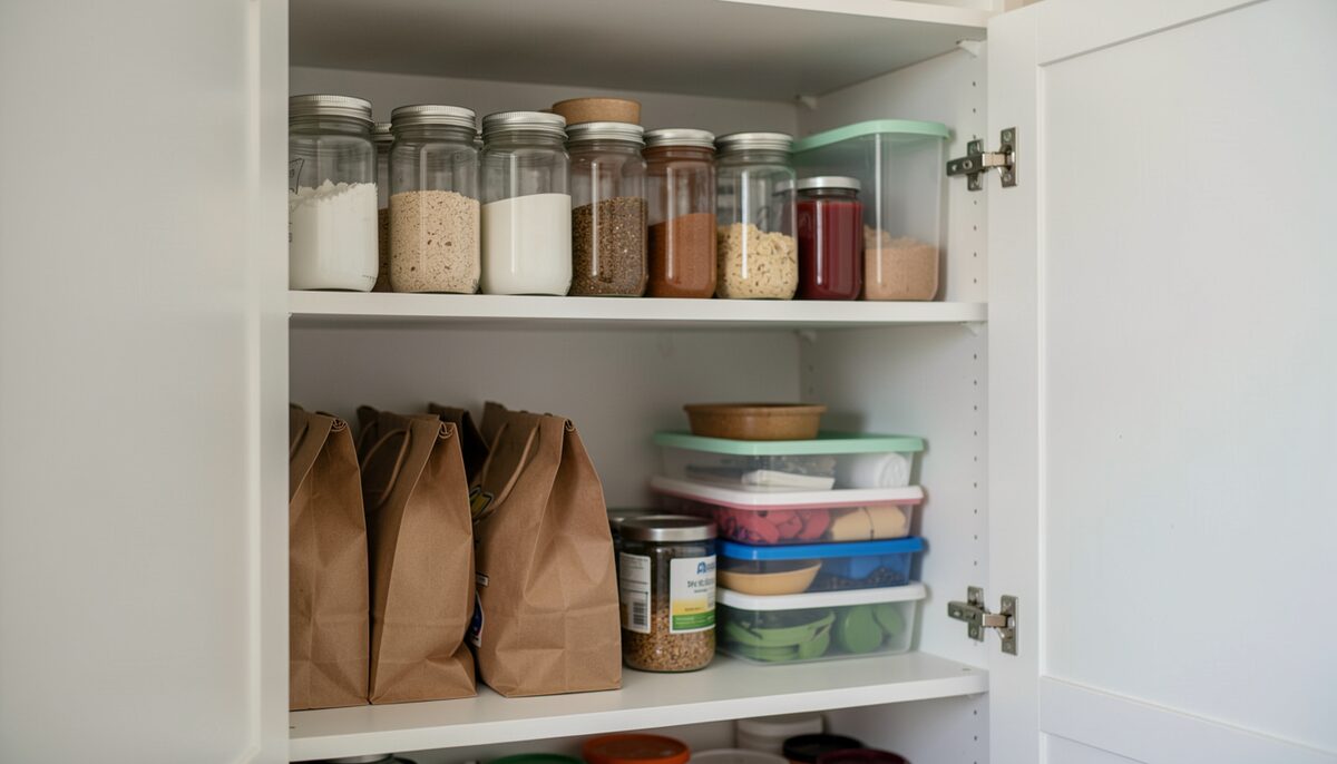 A pantry shelf of glass jars, paper bags and reusable containers. Storage choices are a quiet part of keeping corn out of the kitchen.